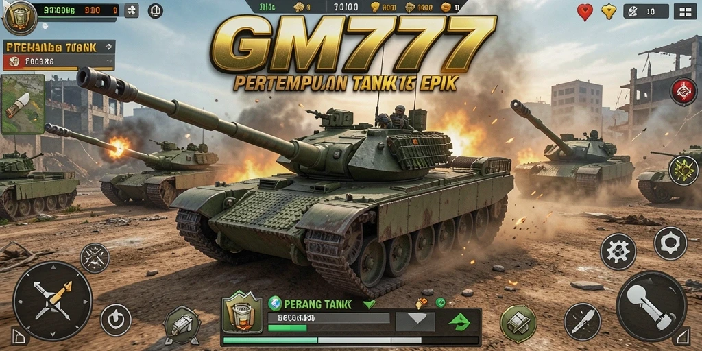 Antarmuka permainan GM777 yang menampilkan pertempuran tank yang intens.